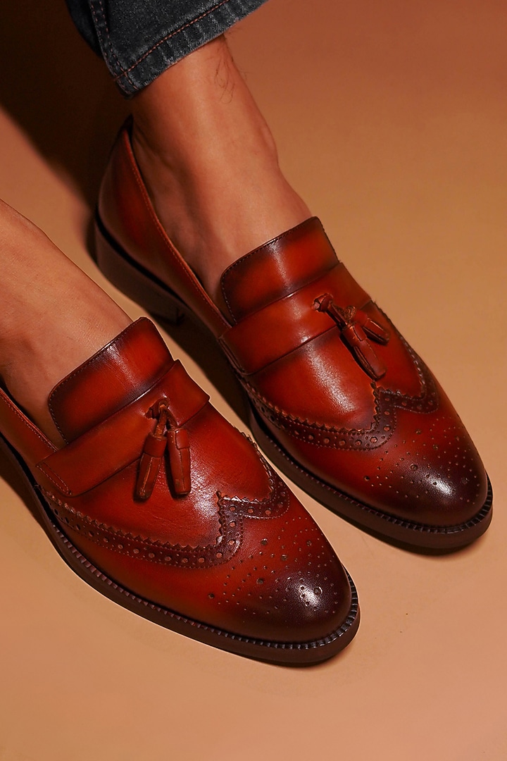 Tan Full Grain Leather Brogue Loafers by Dmodot at Pernia's Pop Up Shop
