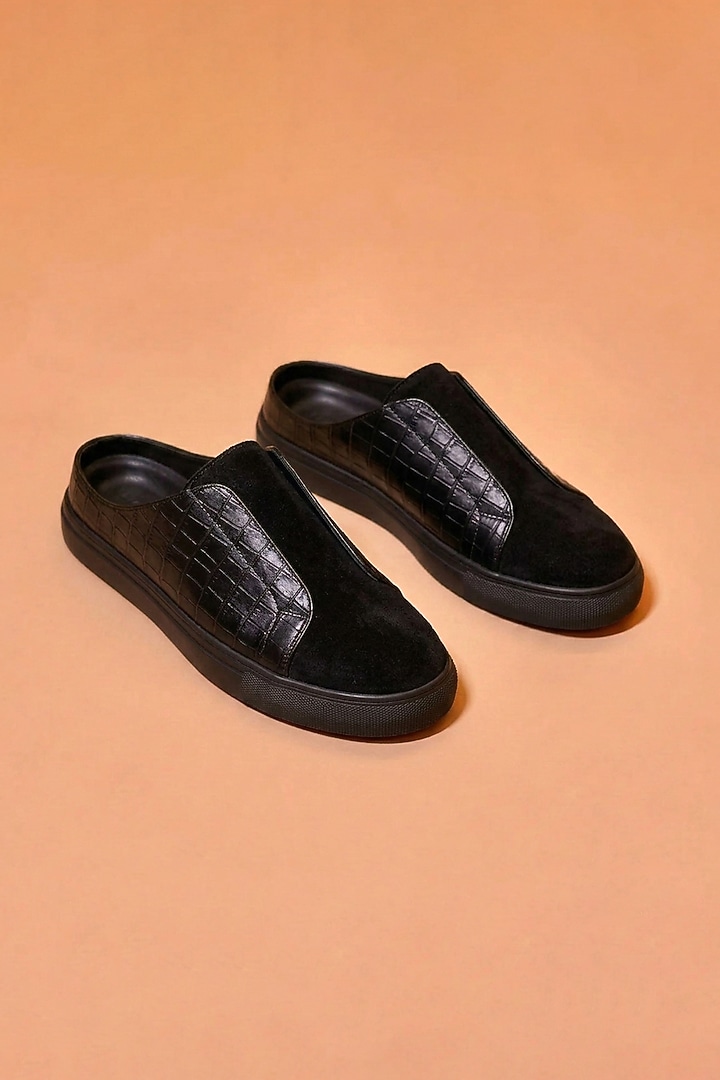Black Suede & Textured Leather Mules by Dmodot at Pernia's Pop Up Shop