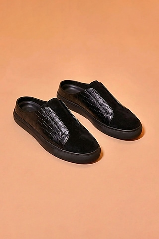 Black Suede & Textured Leather Mules by Dmodot