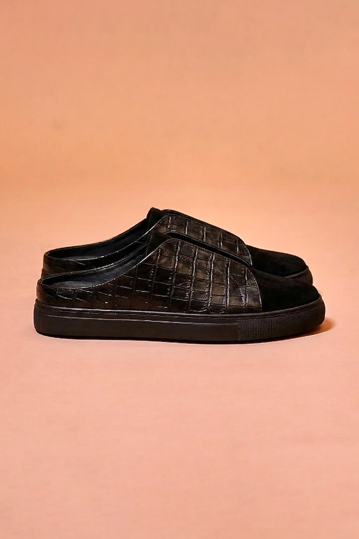 Black Suede & Textured Leather Mules by Dmodot at Pernia's Pop Up Shop
