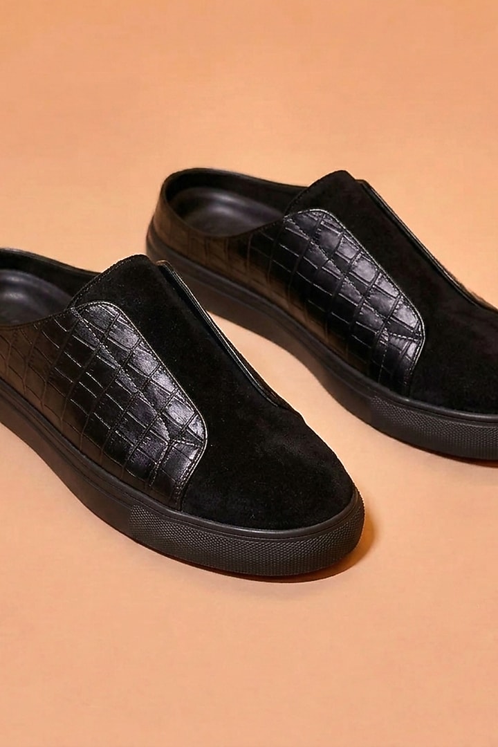 Black Suede & Textured Leather Mules by Dmodot at Pernia's Pop Up Shop