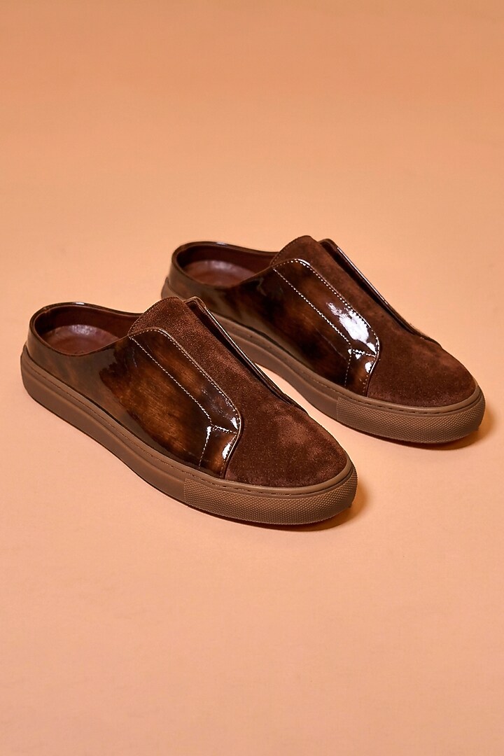 Dark Brown Suede & Textured Leather Mules by Dmodot at Pernia's Pop Up Shop