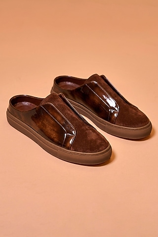 Dark Brown Suede & Textured Leather Mules by Dmodot