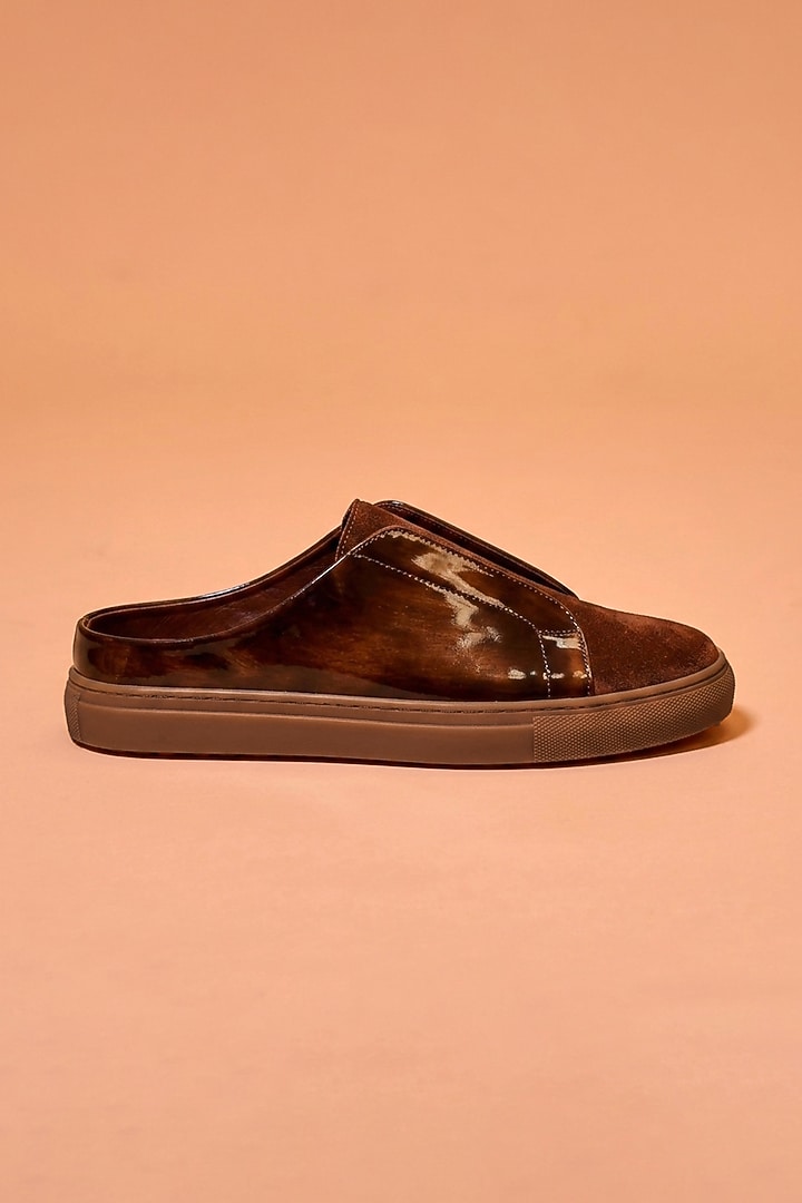 Dark Brown Suede & Textured Leather Mules by Dmodot at Pernia's Pop Up Shop