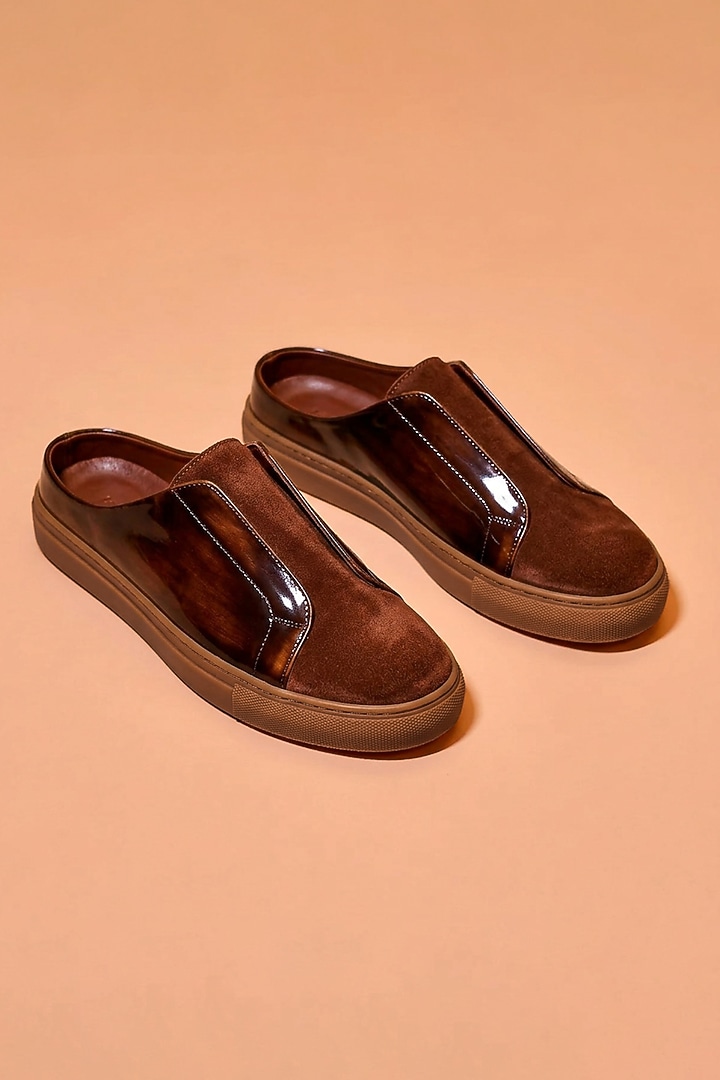 Dark Brown Suede & Textured Leather Mules by Dmodot at Pernia's Pop Up Shop