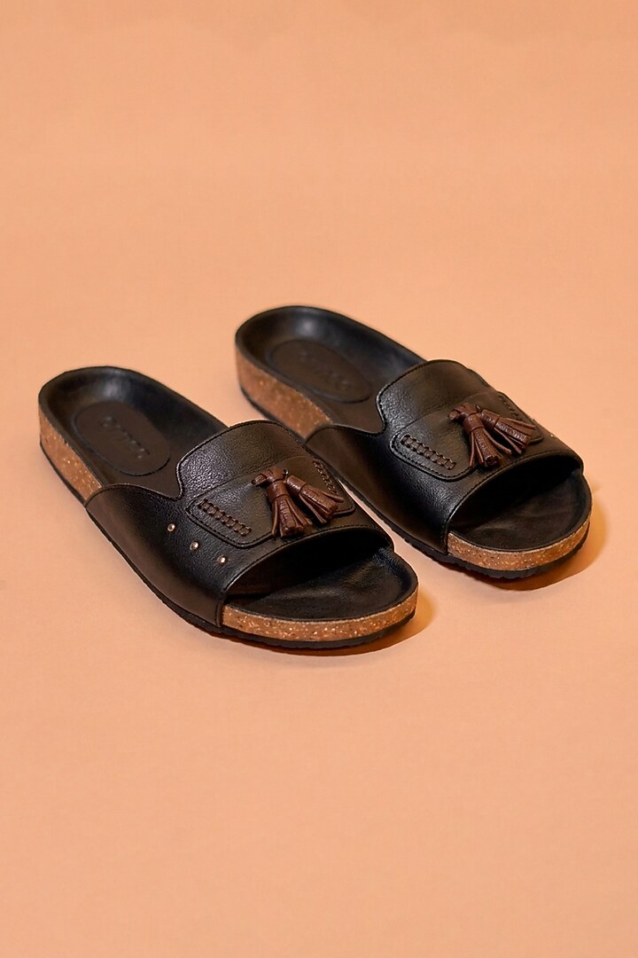 Black Leather Sliders by Dmodot at Pernia's Pop Up Shop