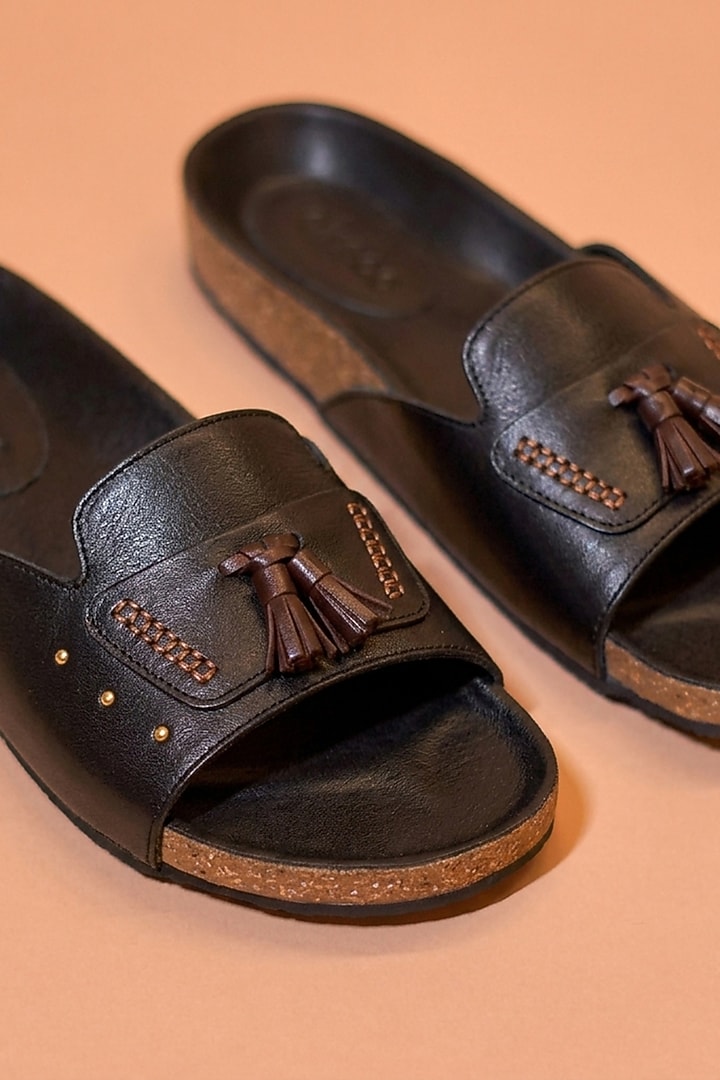 Black Leather Sliders by Dmodot at Pernia's Pop Up Shop