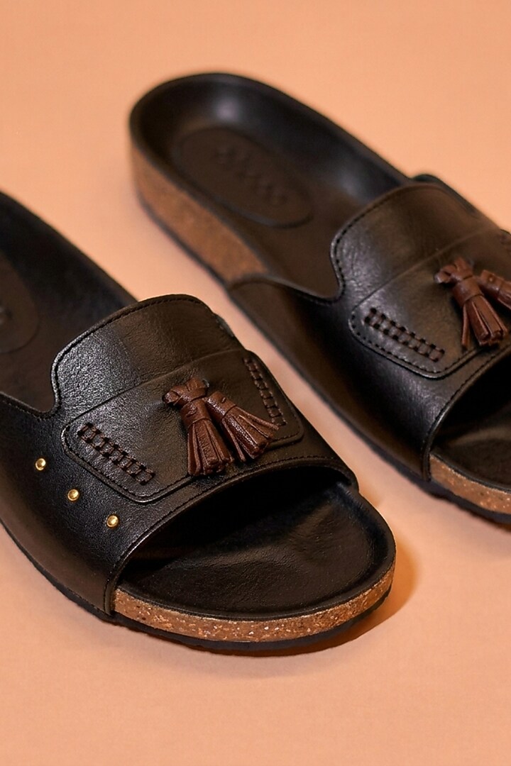 Black Leather Sliders by Dmodot at Pernia's Pop Up Shop