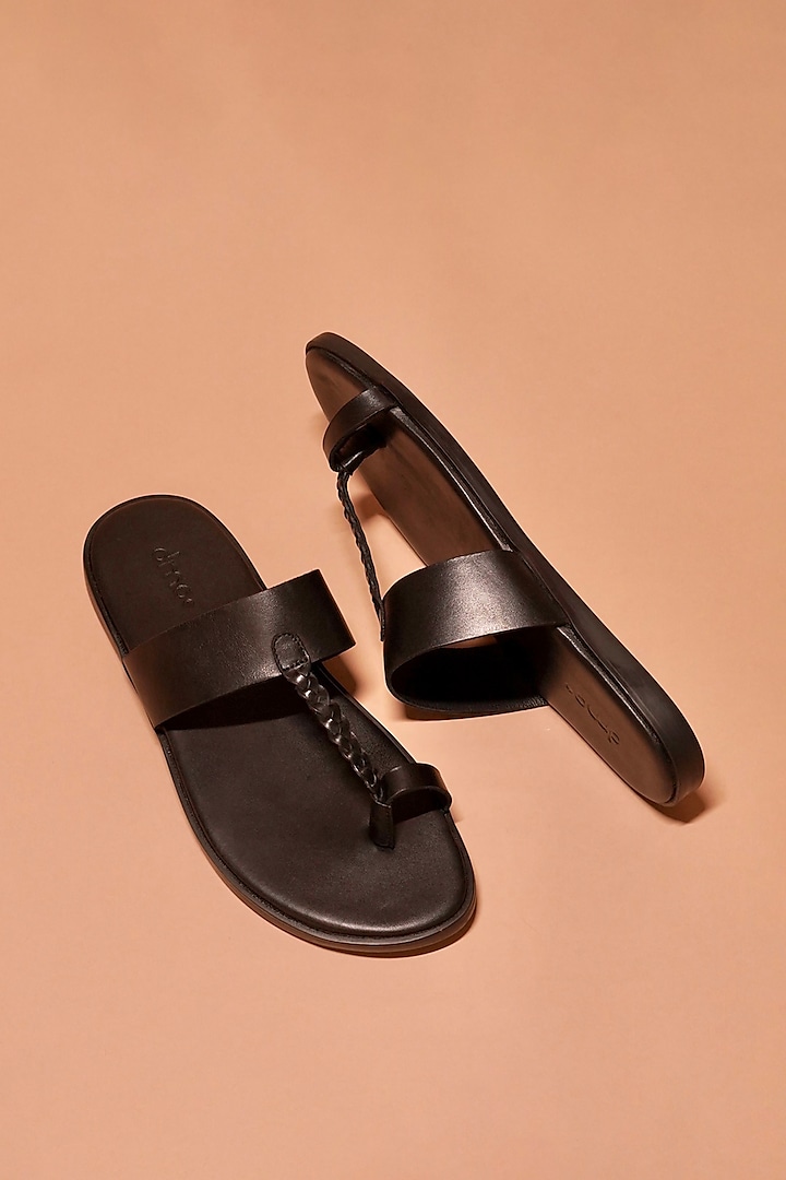 Black Leather Kolhapuri Slippers by Dmodot at Pernia's Pop Up Shop