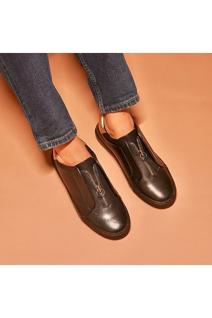 Black Full Grain Leather Sneakers by Dmodot at Pernia's Pop Up Shop