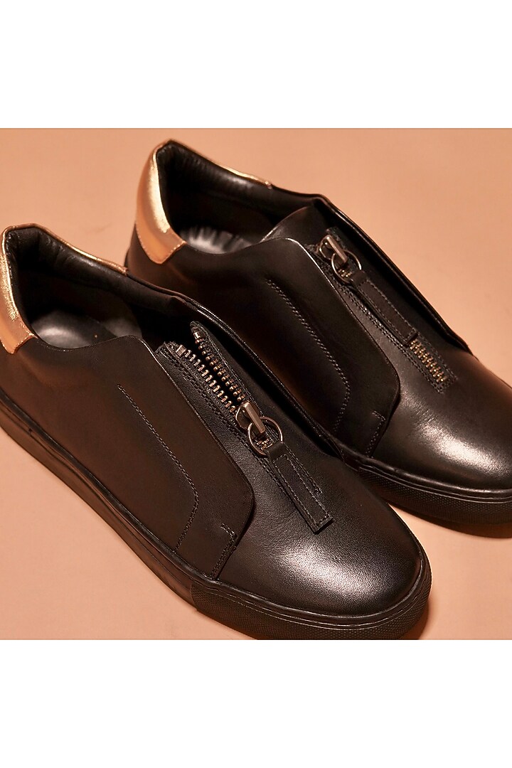 Black Full Grain Leather Sneakers by Dmodot at Pernia's Pop Up Shop