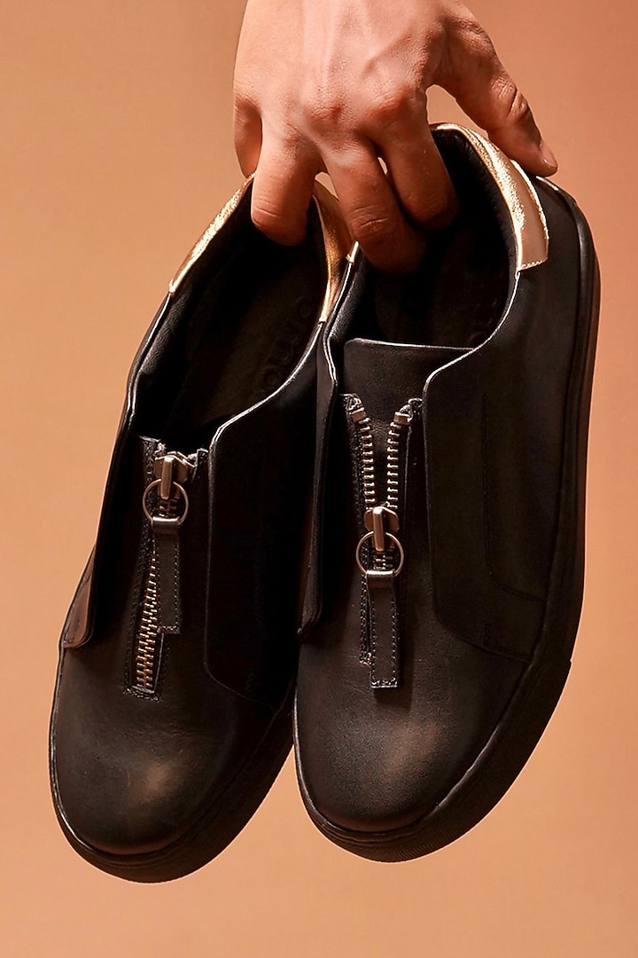 Black Full Grain Leather Sneakers by Dmodot at Pernia's Pop Up Shop