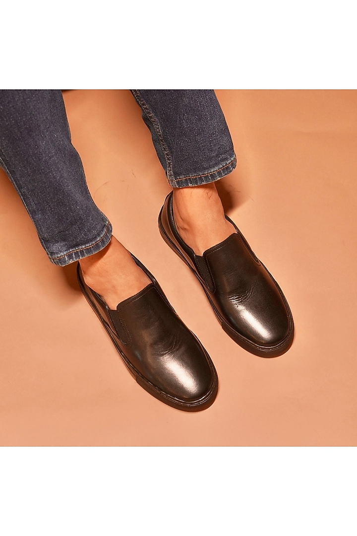 Black Full Grain Leather Slip-On Sneakers by Dmodot at Pernia's Pop Up Shop