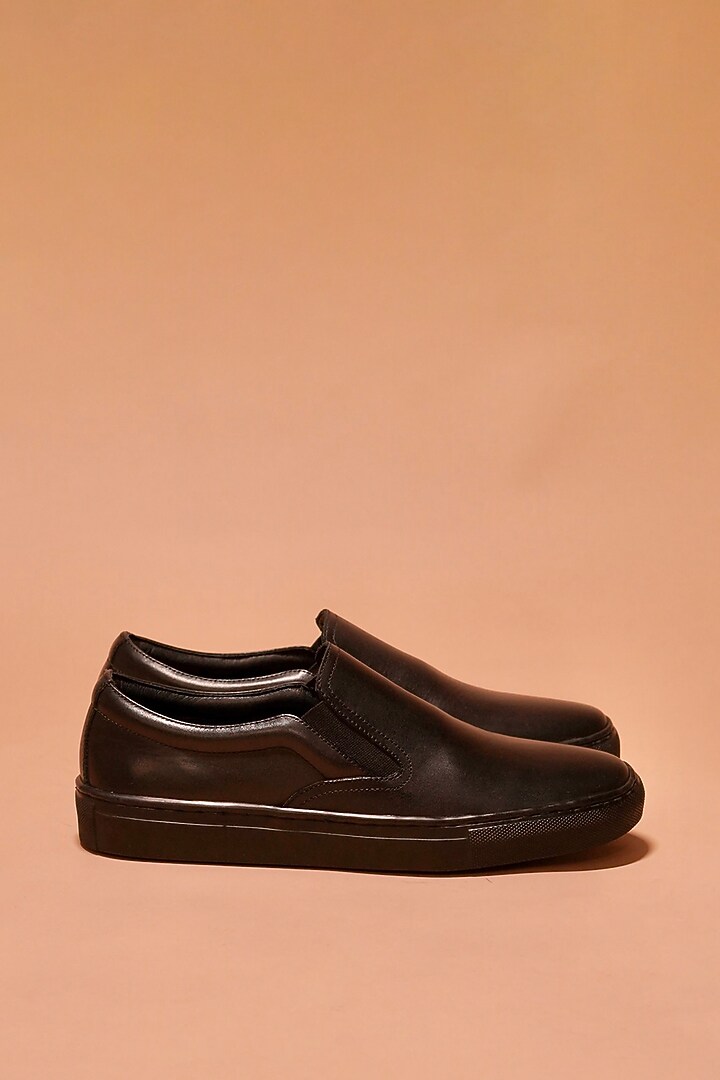 Black Full Grain Leather Slip-On Sneakers by Dmodot at Pernia's Pop Up Shop