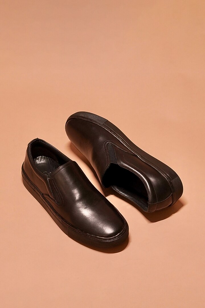 Black Full Grain Leather Slip-On Sneakers by Dmodot at Pernia's Pop Up Shop