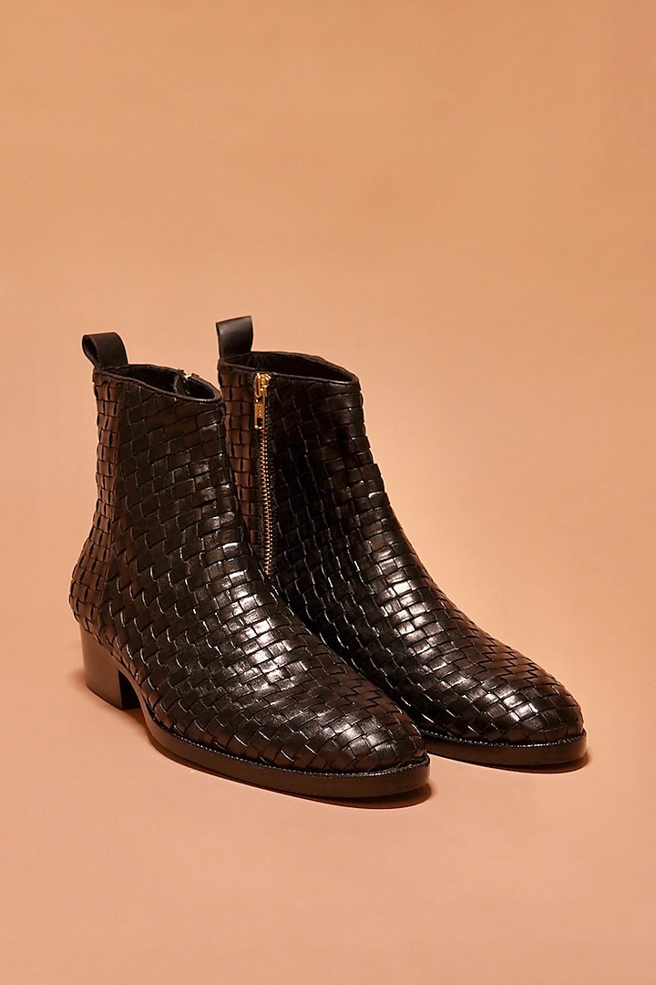 Black Weaved Leather Boots by Dmodot