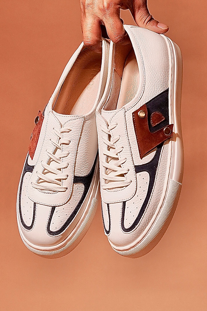 White & Navy Grain Leather Sneakers by Dmodot at Pernia's Pop Up Shop