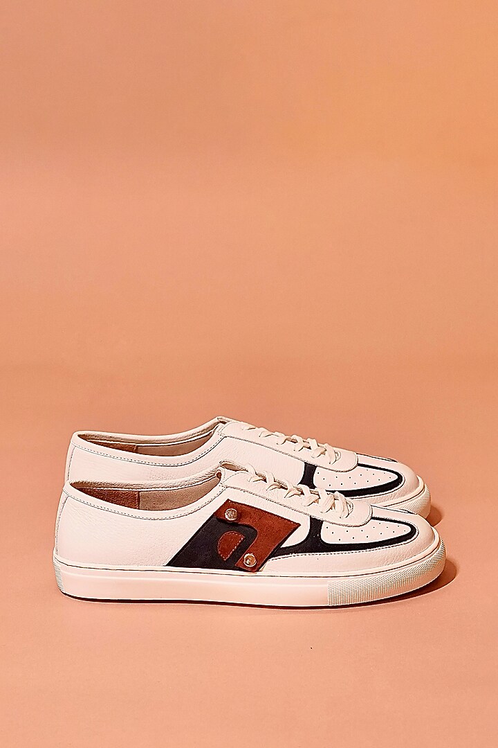 White & Navy Grain Leather Sneakers by Dmodot at Pernia's Pop Up Shop