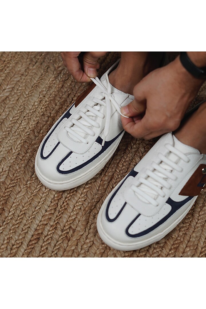 White & Navy Grain Leather Sneakers by Dmodot at Pernia's Pop Up Shop