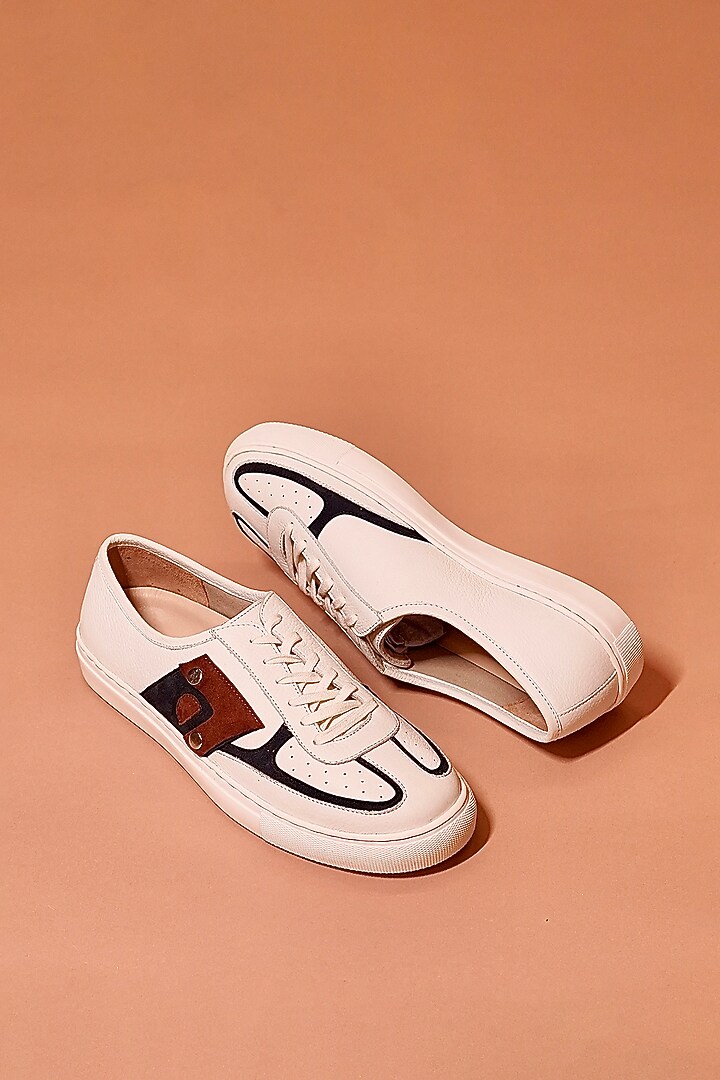 White & Navy Grain Leather Sneakers by Dmodot at Pernia's Pop Up Shop