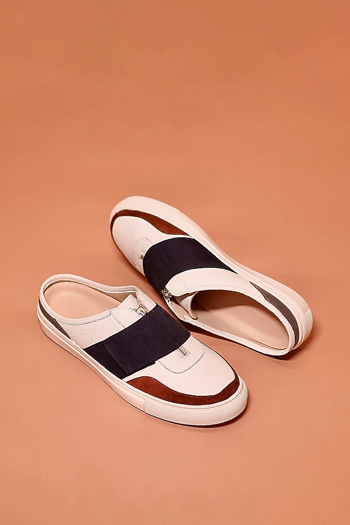 White & Navy Grain Leather Mules by Dmodot at Pernia's Pop Up Shop