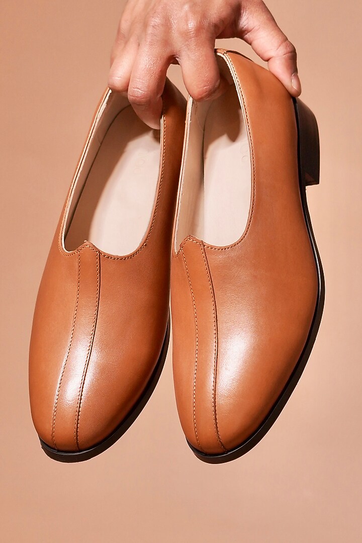 Tan Leather Mojaris by Dmodot at Pernia's Pop Up Shop