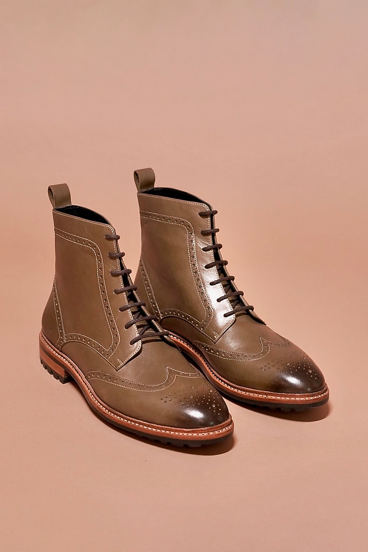 Dual-Tone Olive Green Leather Boots by Dmodot at Pernia's Pop Up Shop