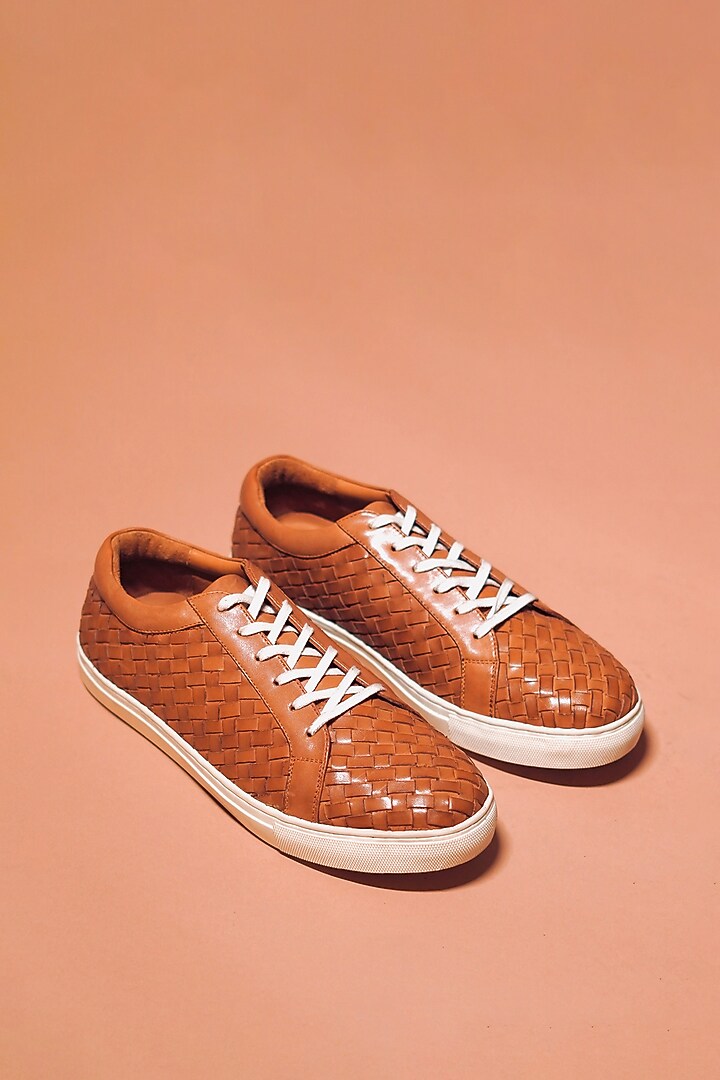 Tan Leather Handwoven Sneakers by Dmodot at Pernia's Pop Up Shop