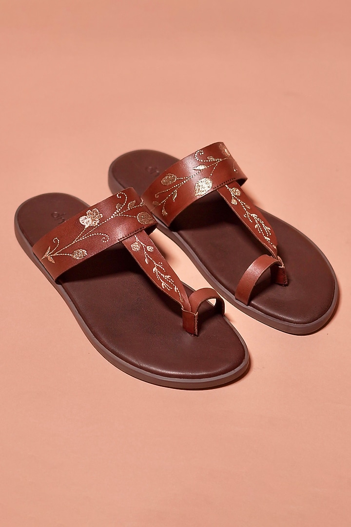 Brown Leather Kolhapuri Flats by Dmodot at Pernia's Pop Up Shop