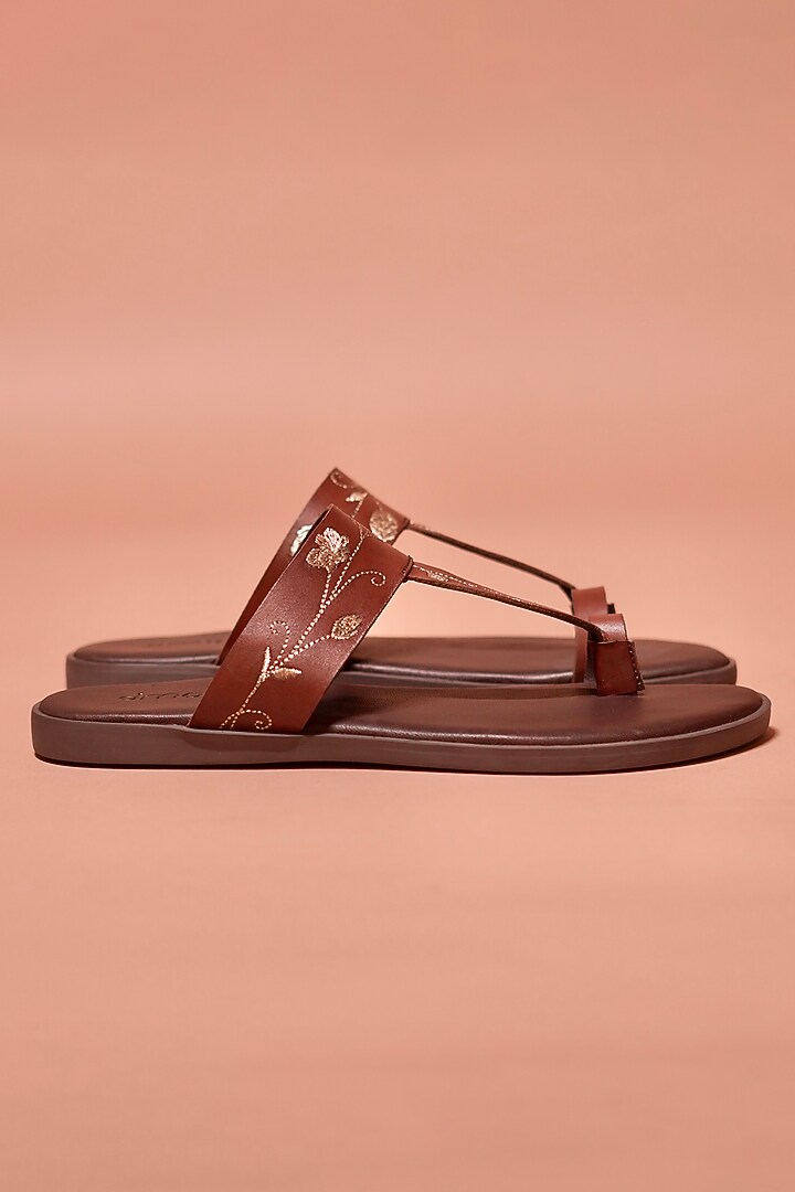 Brown Leather Kolhapuri Flats by Dmodot at Pernia's Pop Up Shop