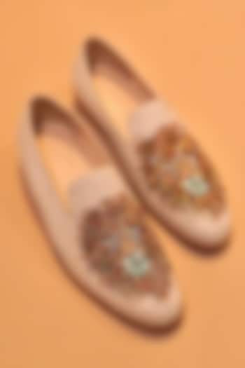 White Leather Zardosi Embroidered Loafers by Dmodot at Pernia's Pop Up Shop