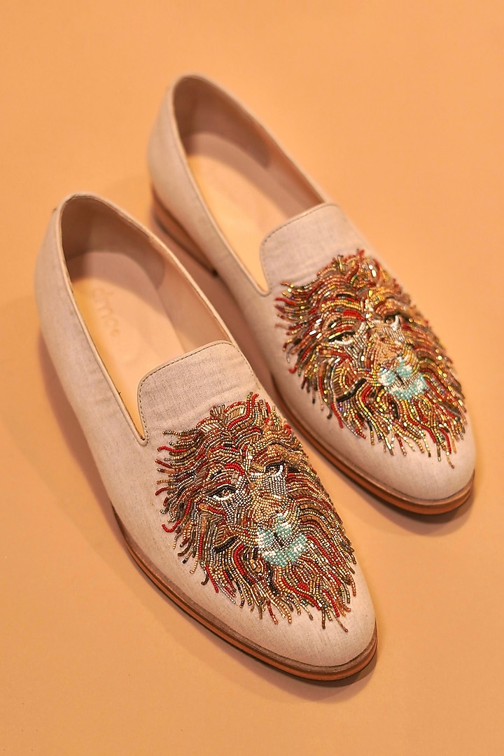 White Leather Zardosi Embroidered Loafers by Dmodot at Pernia's Pop Up Shop