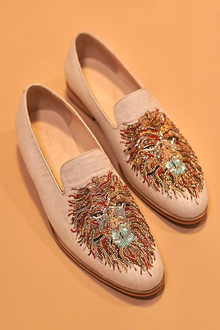 White Leather Zardosi Embroidered Loafers by Dmodot