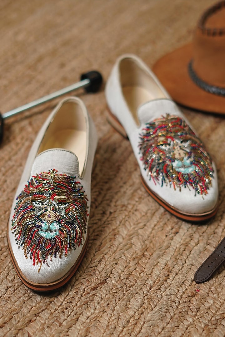 White Leather Zardosi Embroidered Loafers by Dmodot at Pernia's Pop Up Shop