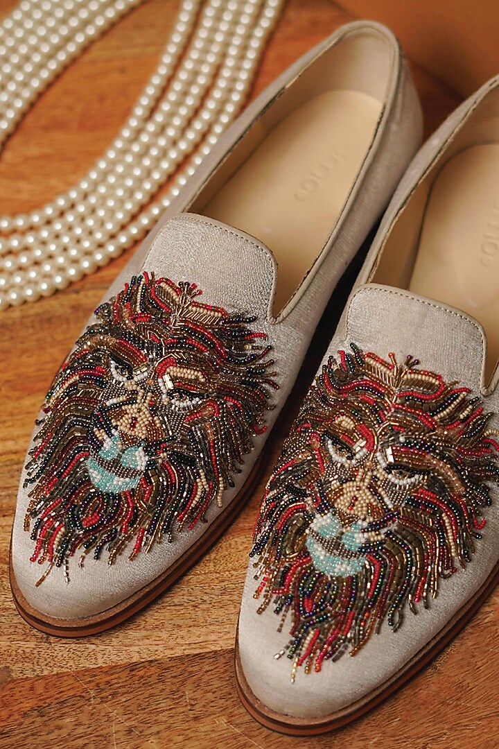 White Leather Zardosi Embroidered Loafers by Dmodot at Pernia's Pop Up Shop