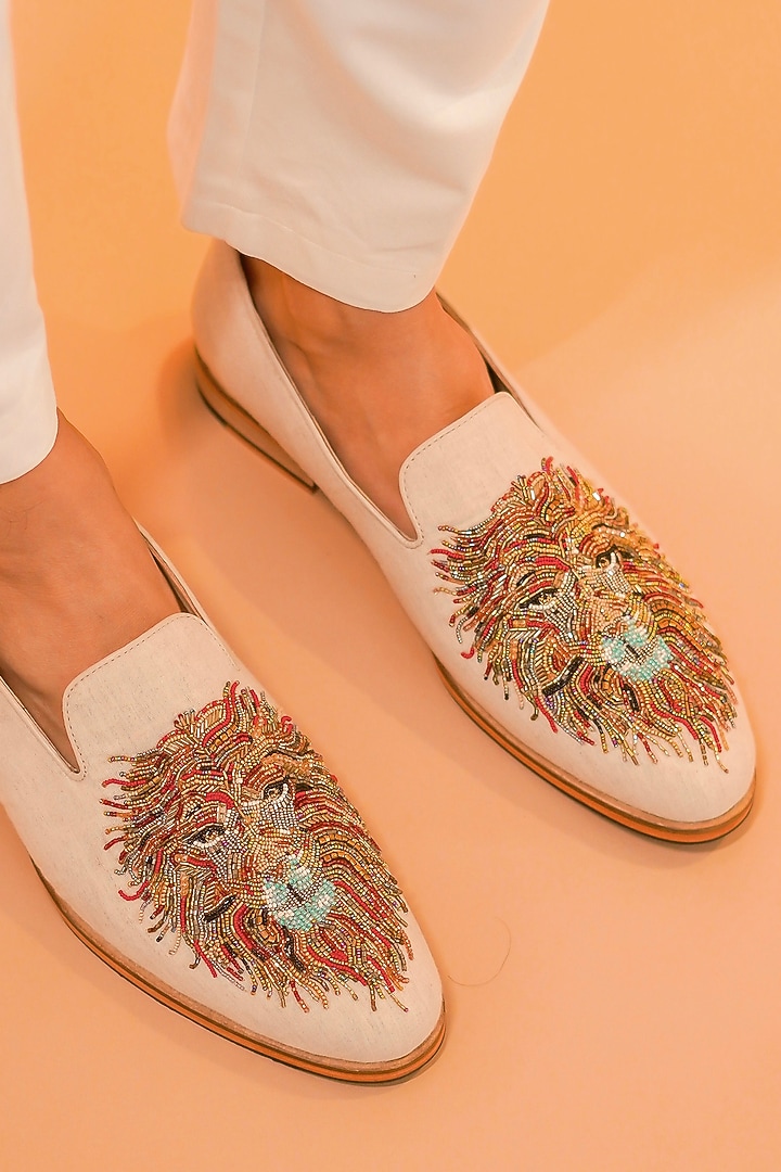 White Leather Zardosi Embroidered Loafers by Dmodot at Pernia's Pop Up Shop
