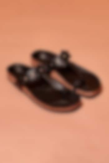 Black Leather Kolhapuri Flats by Dmodot at Pernia's Pop Up Shop