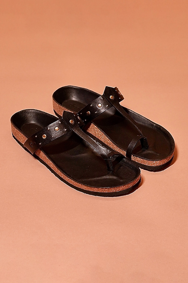 Black Leather Kolhapuri Flats by Dmodot at Pernia's Pop Up Shop