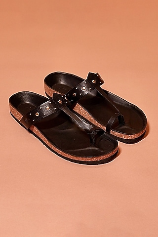 Black Leather Kolhapuri Flats by Dmodot