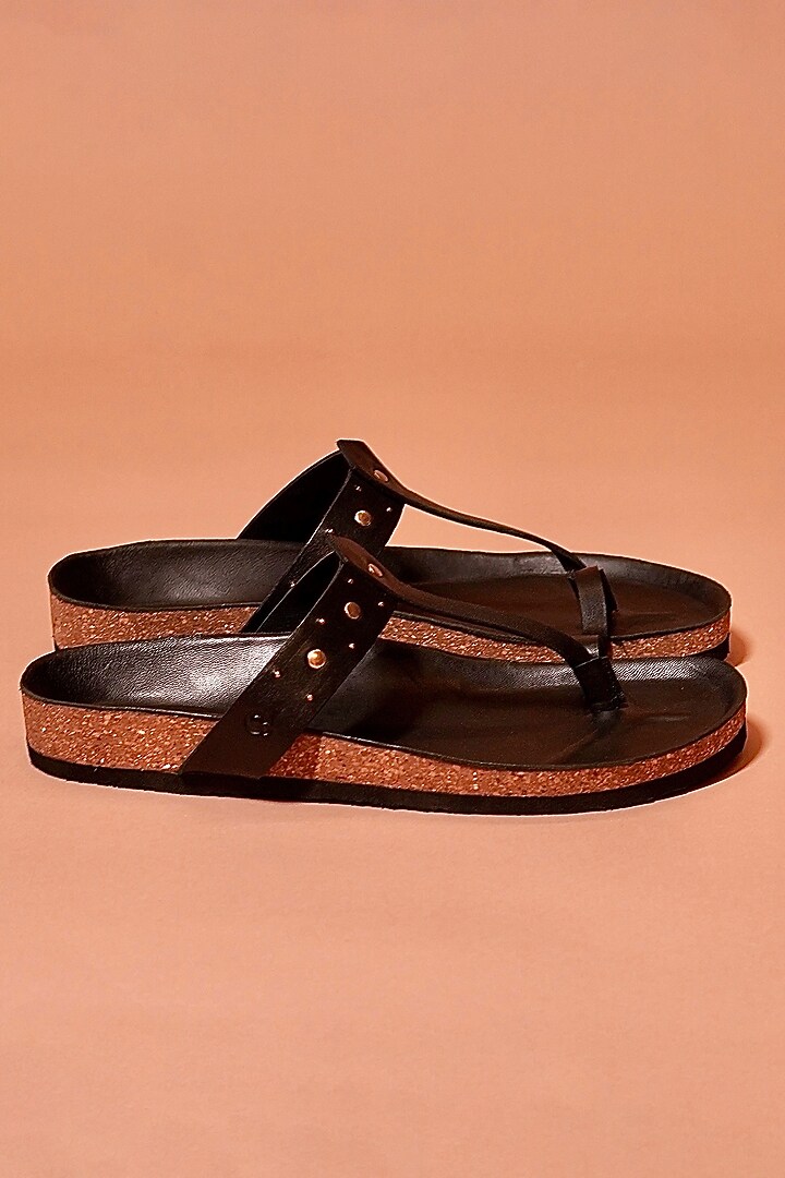 Black Leather Kolhapuri Flats by Dmodot at Pernia's Pop Up Shop
