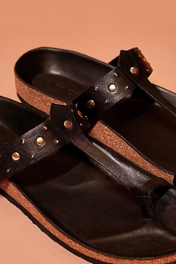 Black Leather Kolhapuri Flats by Dmodot at Pernia's Pop Up Shop
