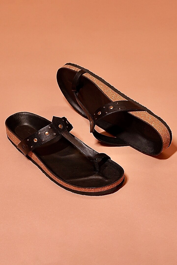 Black Leather Kolhapuri Flats by Dmodot at Pernia's Pop Up Shop