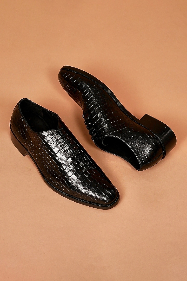 Black Leather Embossed Oxford Shoes by Dmodot at Pernia's Pop Up Shop