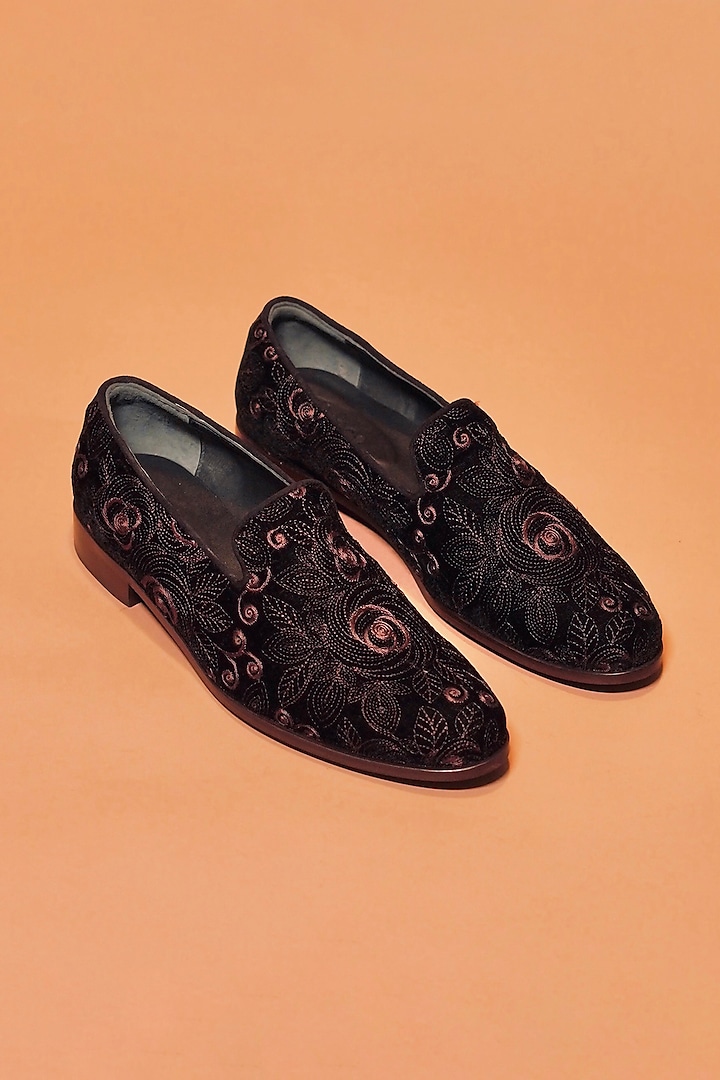 Black Leather Hand Embroidered Loafers by Dmodot at Pernia's Pop Up Shop