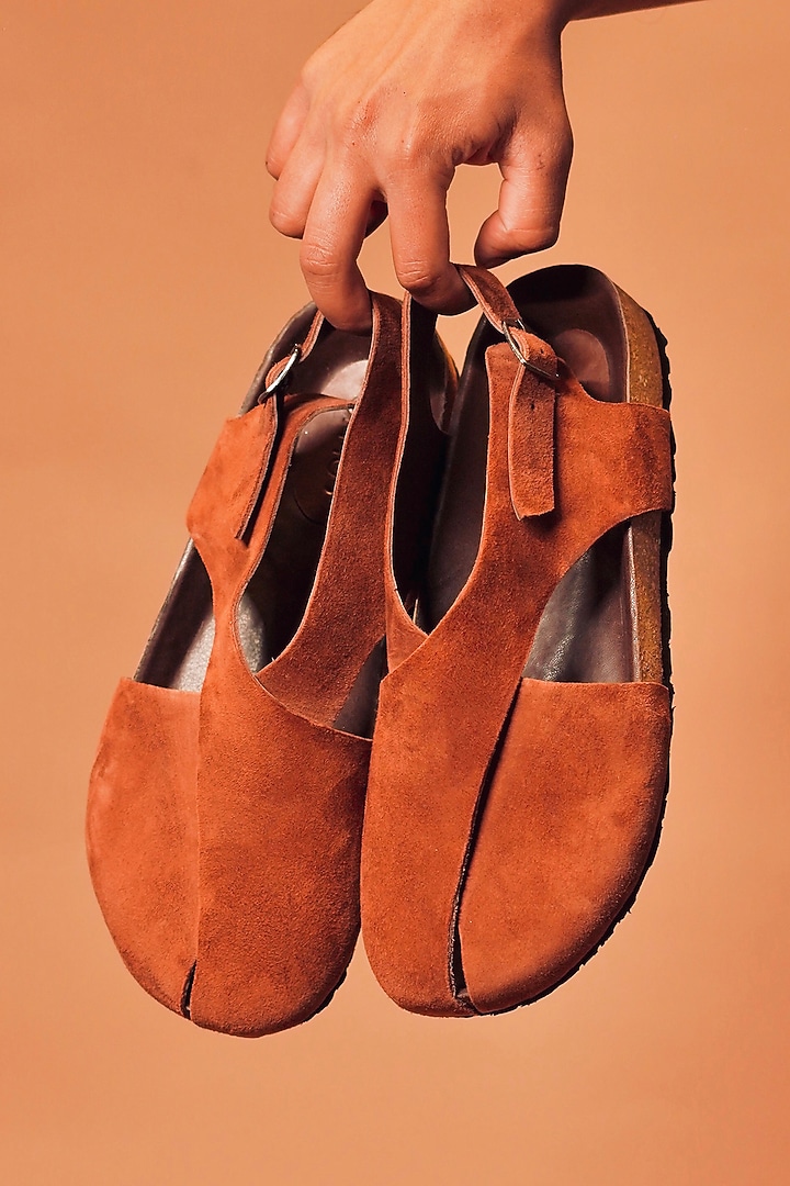 Brown Leather Peshwaris by Dmodot at Pernia's Pop Up Shop