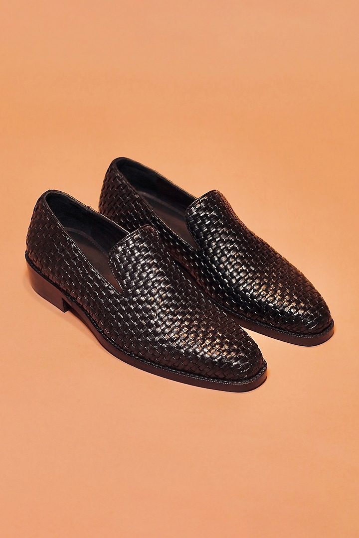 Black Leather Handwoven Loafers by Dmodot at Pernia's Pop Up Shop