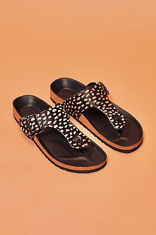 Black Leather Leopard Printed Slippers by Dmodot