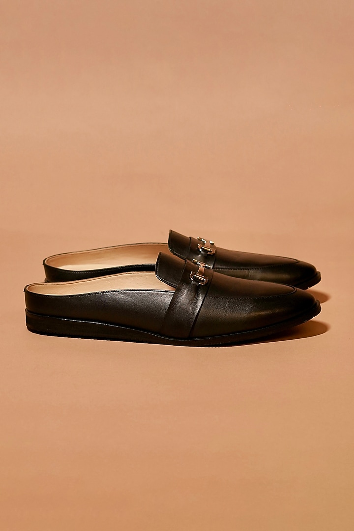 Black Leather Slip-On Mules by Dmodot at Pernia's Pop Up Shop