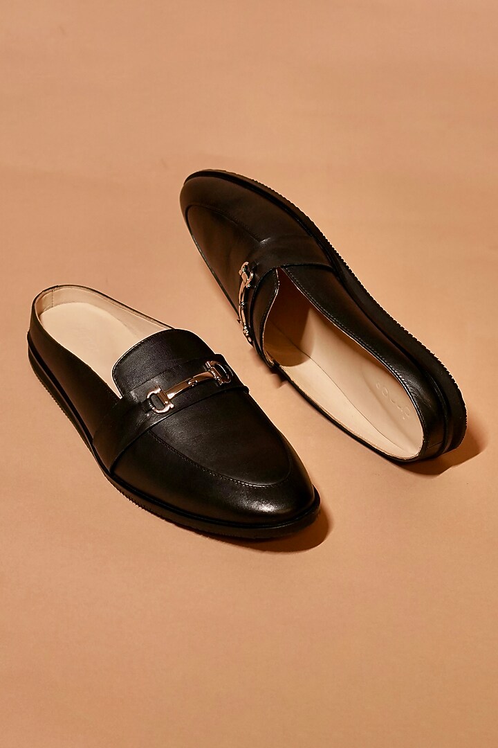 Black Leather Slip-On Mules by Dmodot at Pernia's Pop Up Shop