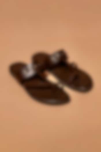 Espresso Brown Leather Rivet Stud Embellished Flats by Dmodot at Pernia's Pop Up Shop